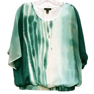 Alfani Deco Breeze Women's Blouse Small Linear Dye Teal White Smock Lined Shirt